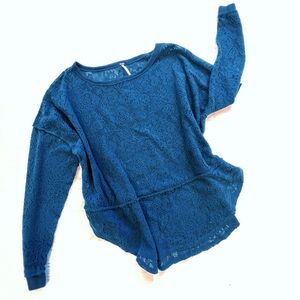 Free People Teal Oversized Crochet-Lacy Long Sleeved Tunic Sweater Top